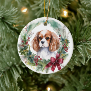 Cavalier King Christmas Wreath Festive Pup  Ceramic Tree Decoration