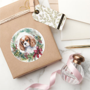 Cavalier King Christmas Wreath Festive Pup  Classic Round Sticker