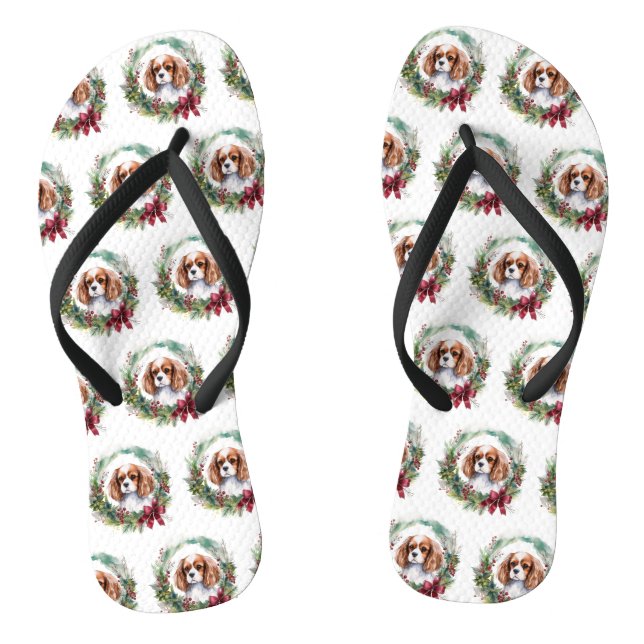 Cavalier King Christmas Wreath Festive Pup  Jandals (Footbed)