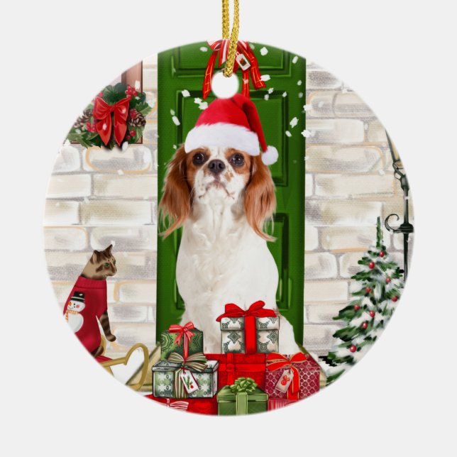 Cavalier King Dog Christmas  Ceramic Tree Decoration (Front)