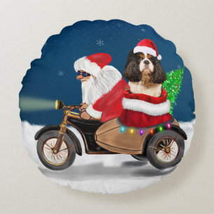 Cavalier King Dog Christmas Santa Claus  Round Cushion