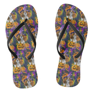 Cavalier King Dog Halloween Witch And Pumpkin Jandals