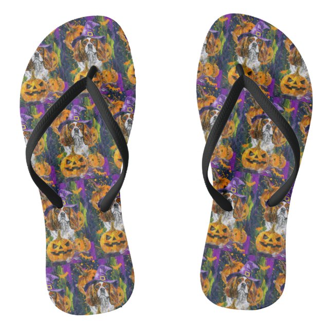 Cavalier King Dog Halloween Witch And Pumpkin Jandals (Footbed)