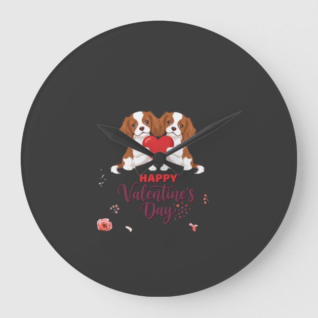 Cavalier King Dog Happy Valentines Day Floral Large Clock (Front)