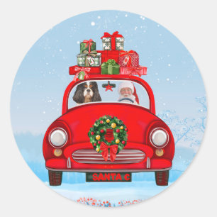 Cavalier King Dog In Car With Santa Claus  Classic Round Sticker