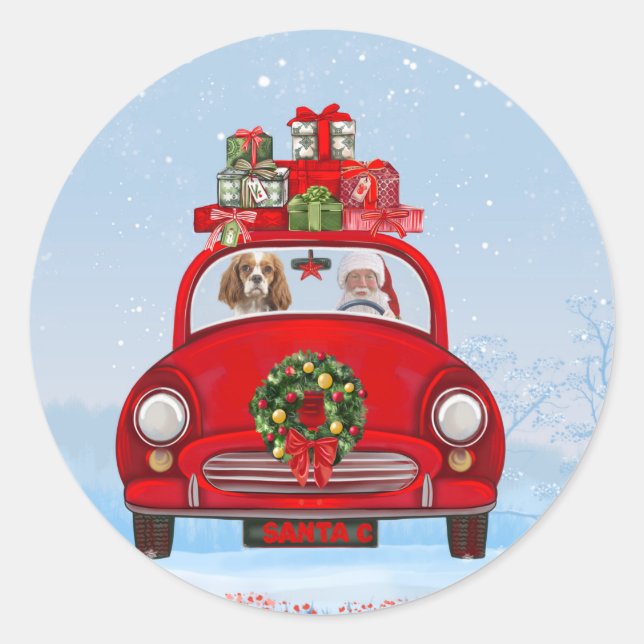 Cavalier King Dog In Car With Santa Claus  Classic Round Sticker (Front)
