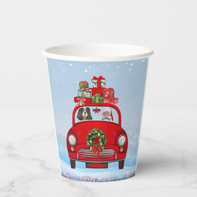 Cavalier King Dog In Car With Santa Claus Paper Cups (Front)
