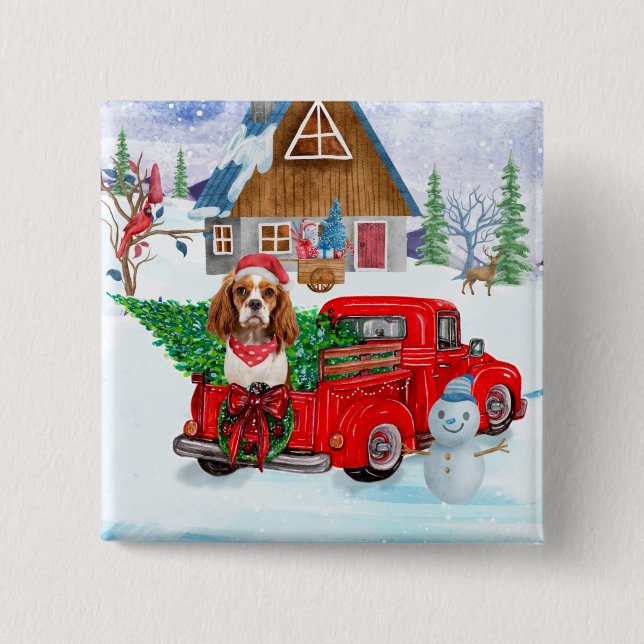Cavalier King Dog In Christmas Delivery Truck Snow 15 Cm Square Badge (Front)