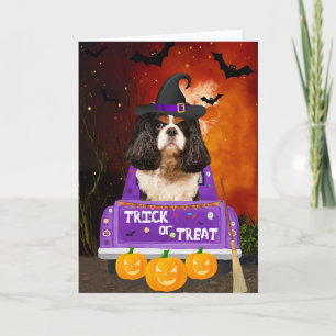 Cavalier King Dog in Halloween Truck Card
