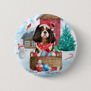 Cavalier King Dog In snow Christmas Dog House 6 Cm Round Badge