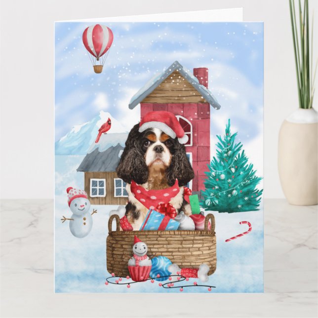 Cavalier King Dog In snow Christmas Dog House Card (Front)
