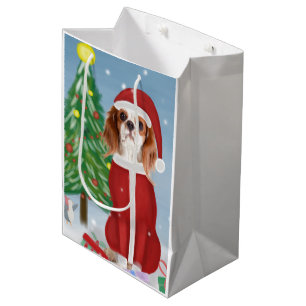 Cavalier King Dog in Snow with Christmas gifts  Medium Gift Bag