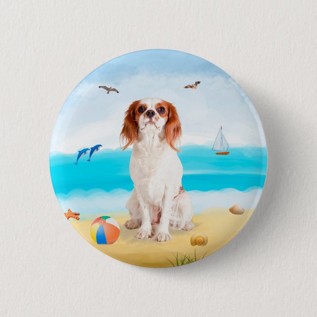 Cavalier King Dog on Beach 6 Cm Round Badge (Front)