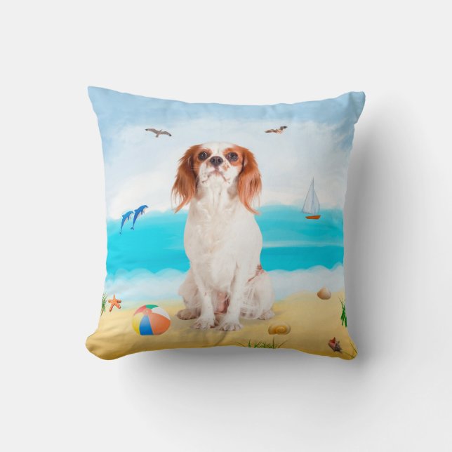 Cavalier King Dog on Beach Cushion (Front)