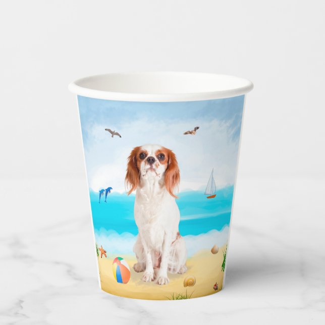 Cavalier King Dog on Beach  Paper Cups (Front)