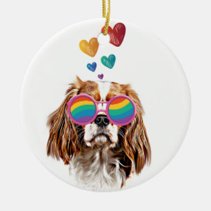 Cavalier King Dog with Hearts Valentine's Day Ceramic Tree Decoration