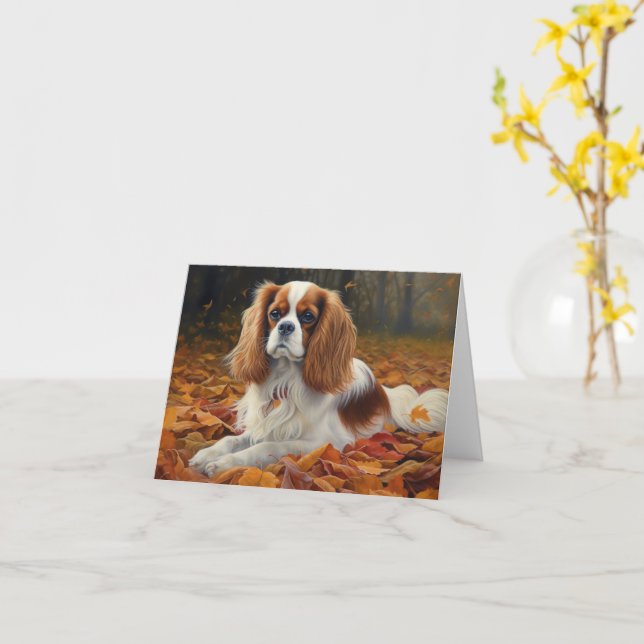 Cavalier King  in Autumn Leaves Fall Inspire  Card (Yellow Flower)