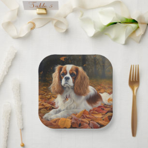 Cavalier King in Autumn Leaves Fall Inspire Paper Plate