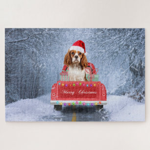 Cavalier King in Snow sitting in Christmas Truck Jigsaw Puzzle
