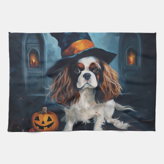 Cavalier King Pumpkins Halloween Scary  Tea Towel (Horizontal)