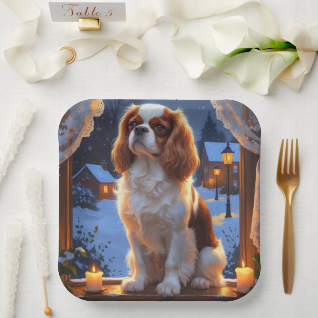 Cavalier King with Christmas Lights Holiday Paper Plate (Wedding)