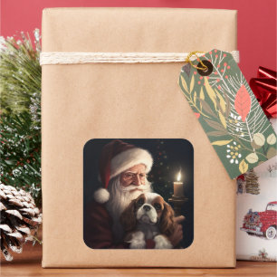 Cavalier King With Santa Claus Festive Christmas Square Sticker