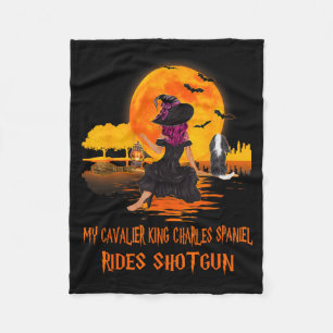 Cavalier Rides Shotgun Dog And Witch Funny Fleece Blanket