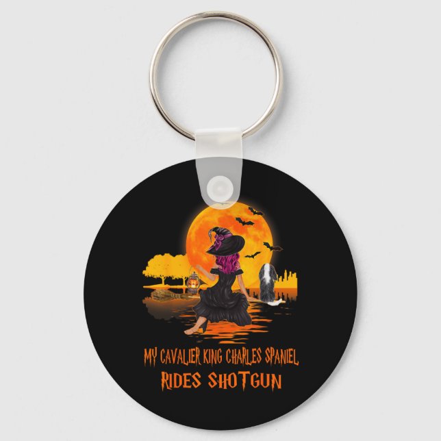 Cavalier Rides Shotgun Dog And Witch Funny Key Ring (Front)