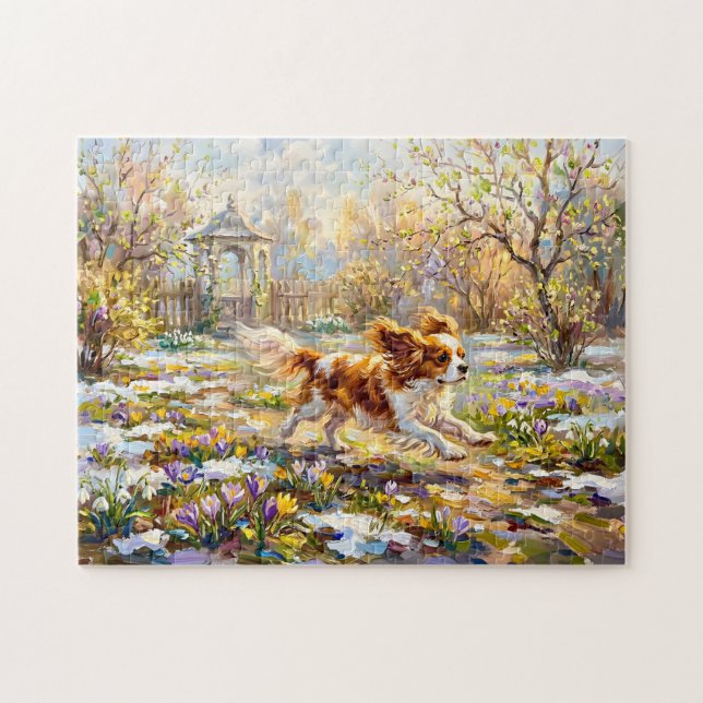 Cavalier Spaniel in Blooming Spring Garden Jigsaw Puzzle (Horizontal)
