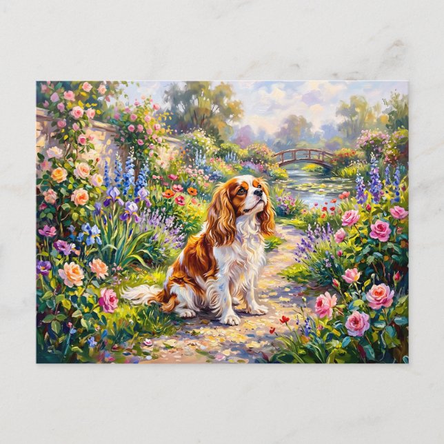 Cavalier Spaniel in Summer Garden by Pond Postcard (Front)