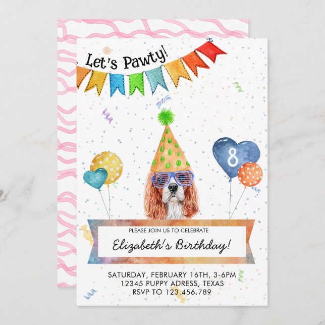 Cavalier Spaniel Lets Pawty Dog Birthday Party Invitation (Front/Back)