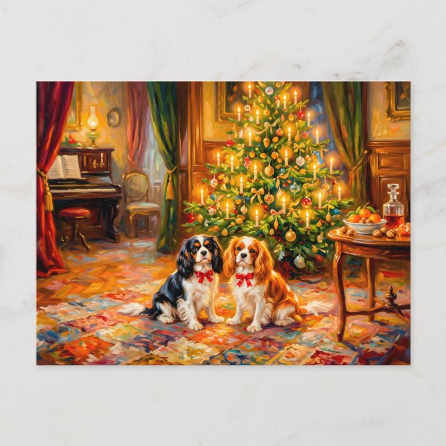 Cavalier Spaniels by Christmas Tree Postcard (Front)