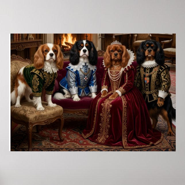 Cavalier Spaniels Tudor Court by Fireplace Poster (Front)