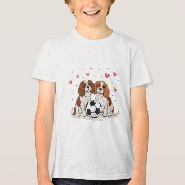 Cavalier Spaniels with soccer ball for Valentine's Tri-Blend Shirt (Front)