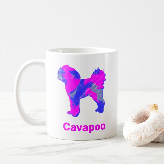 Cavapoo Crazy Hot Pink and Blue White Coffee Mug (With Donut)