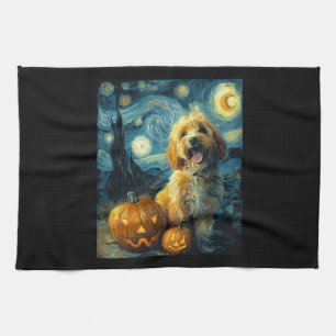 Cavapoo Cute Dog Halloween Jack O Lantern Pumpkin Tea Towel
