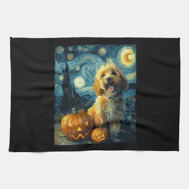 Cavapoo Cute Dog Halloween Jack O Lantern Pumpkin  Tea Towel (Horizontal)