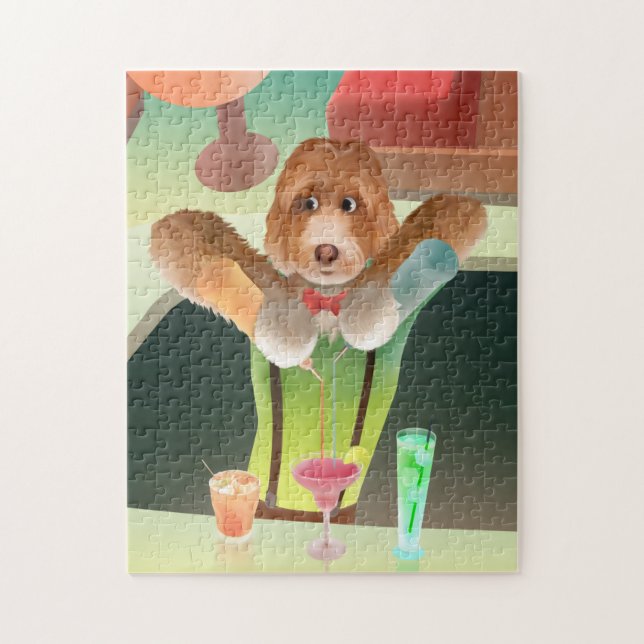 Cavapoo Dog Bartender Preparing Cocktails Jigsaw Puzzle (Vertical)
