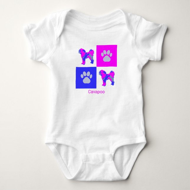 Cavapoo Dog & Paw Pink and Blue Baby Bodysuit (Front)