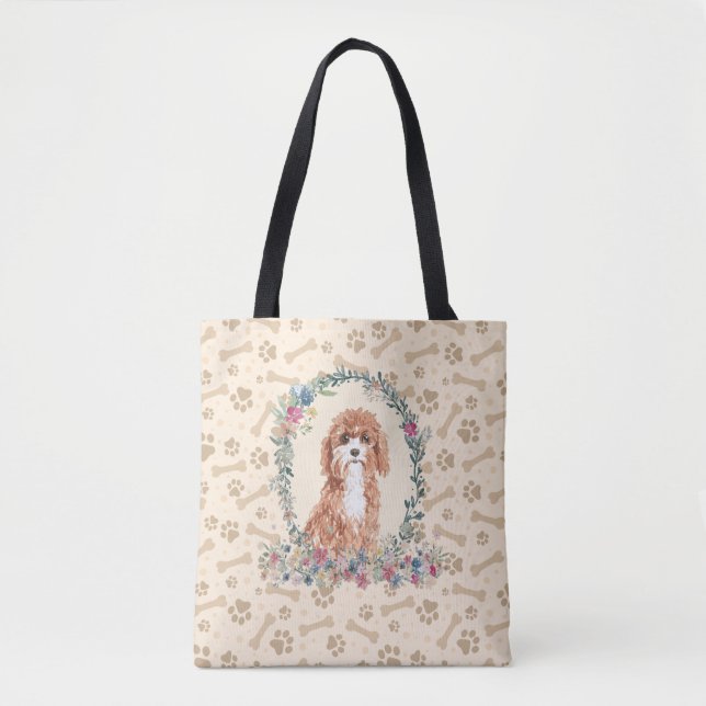 Cavapoo Dog Paw Print & Dog Bone Cute  Tote Bag (Front)