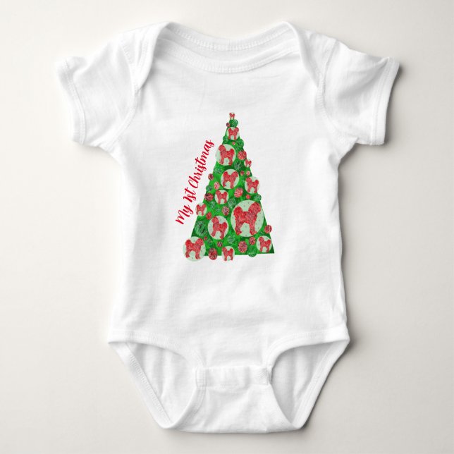 Cavapoo Dog Silhouette Christmas Tree Red Baby Bodysuit (Front)