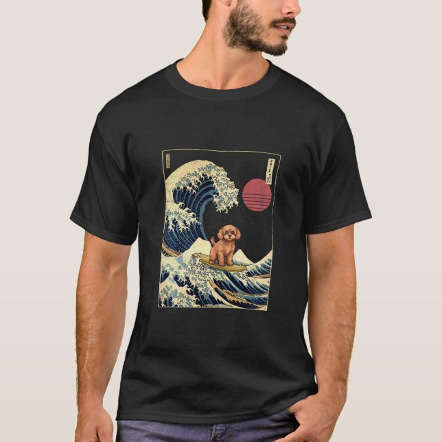 Cavapoo Japanese Kanagawa Wave Funny Surf Dog T-Shirt (Front)