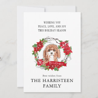 Cavapoo Watercolor Poinsettia Wreath Christmas Holiday Card