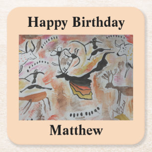 Cave Art Abstract Birthday Square Paper Coaster