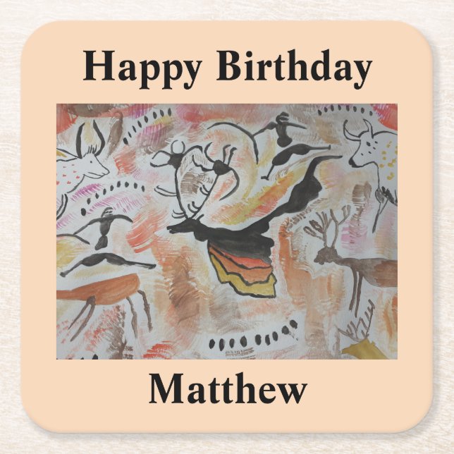 Cave Art Abstract Birthday  Square Paper Coaster (Front)