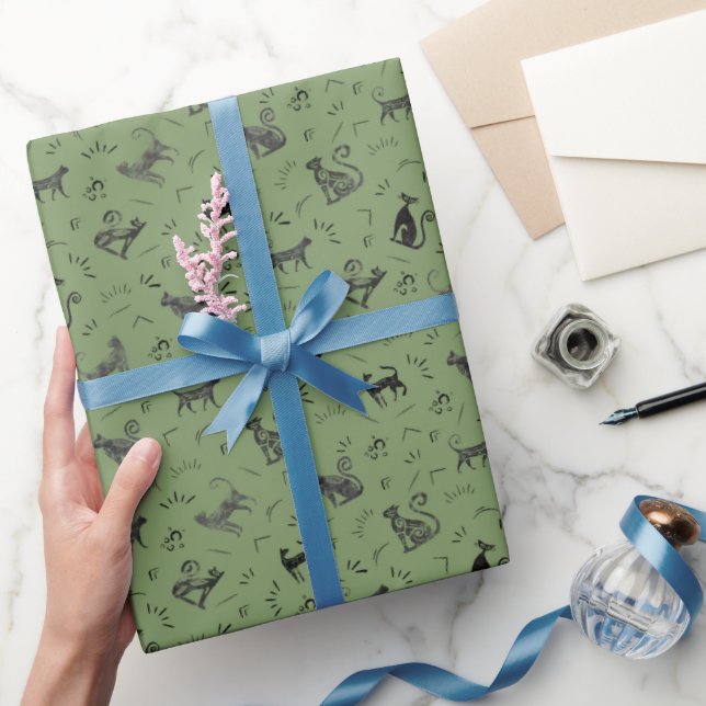 Cave Art Cats on Green Wrapping Paper (Gifting)