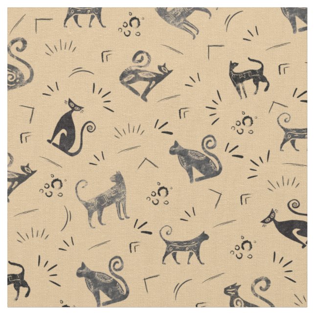 Cave Art Cats on Pale Orange Fabric (Close Up)