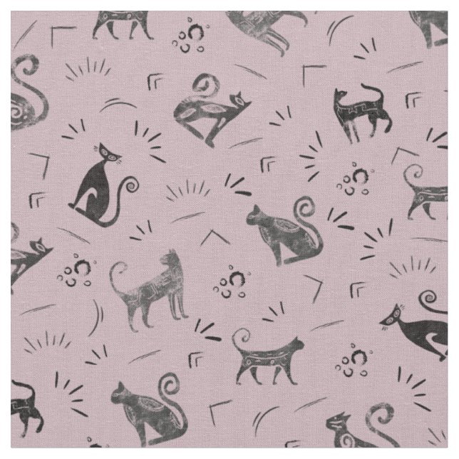 Cave Art Cats on Pastel Crimson Fabric (Close Up)