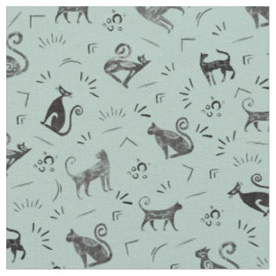 Cave Art Cats on Pastel Gray Turquoise Fabric