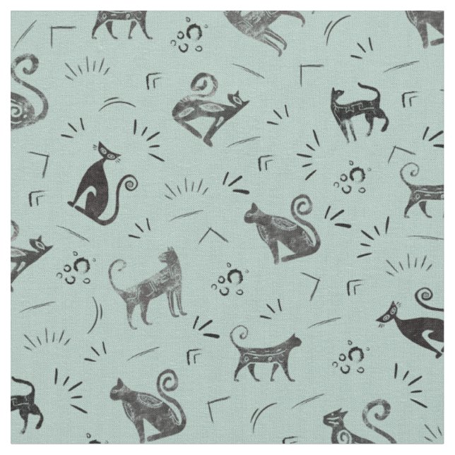 Cave Art Cats on Pastel Gray Turquoise Fabric (Close Up)